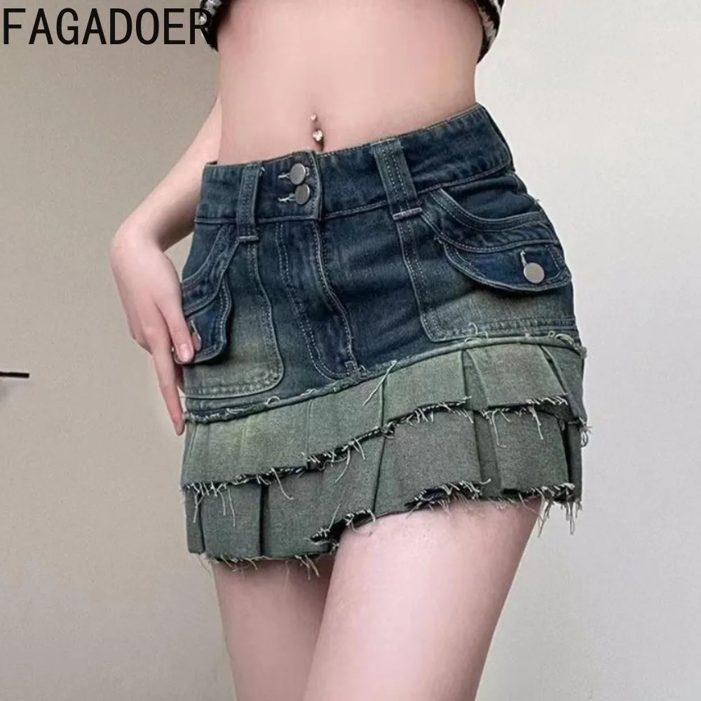 FAGADOER Retro Blue Fashion Pocket Cargo Denim Pleated Skirts Women High Waist Button Mini Skirts Female Gradient Cowboy Bottoms