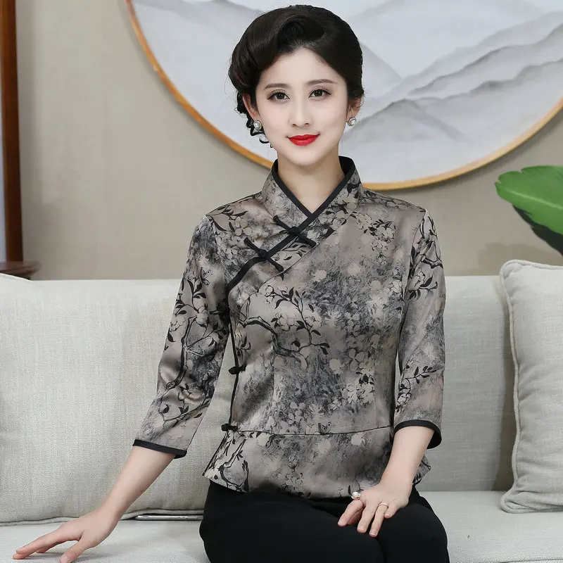 Oriental Cheongsam Style Women Tunic Tops Red Khaki Floral Print Tangzhuang Tops Manadarin Collar Three Quater Sleeve Tunic 2024 22ss japanese casual loose multi pocket stand up collar men s and women s urban functional assault jacket khaki coat