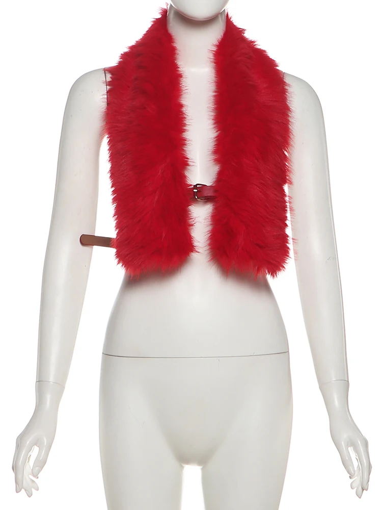 Nibber Sexy Furry Backless Tank Top Women Wild Hottie Halter Sleeveless PU Metal Buckle Coquette Midnight Party Club Streetwear