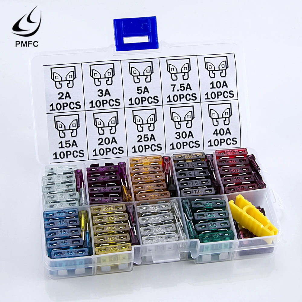 PMFC 100pcs Medium Car Fuses 2A 3A 5A 7.5A 10A 15A 20A 25A 30A 40A + Clip Amp with Plastic Box Assortment Auto Blade Fuse SUV