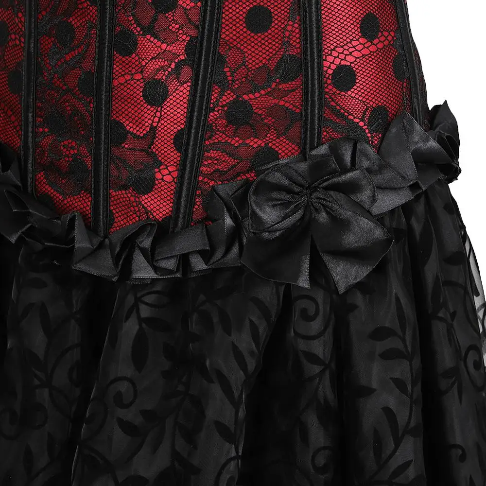 Corset 3 Piece Outfits for Women Steampunk Polk Dot Lace Bustiers Carnival Dance Party Costume with Skirt and White Blouse Set
