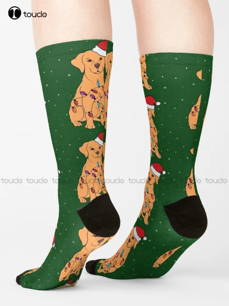 

Golden Retriever Pup Christmas Lights Gift Socks Pink Football Socks Unisex Adult Teen Youth Socks 360° Digital Print Streetwear
