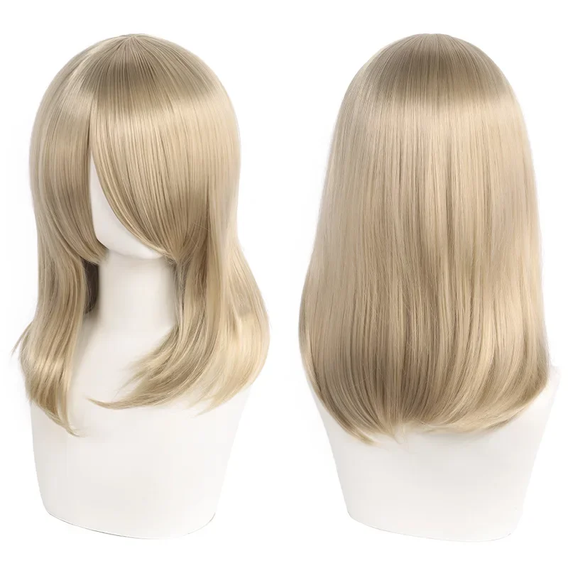 Neue 45cm Mittellange Anime Cosplay Perücke mit Pony in Blond, Schwarz, Weiß, Rot, Pink, Grün, Braun, Gold, Blau, Hitzebeständige Synthetische Haarperücken – Detail 29