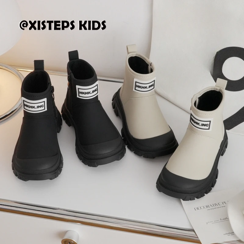 

2023 Autumn New Children Fashion Boots Outdoor Waterproof Chelsea Boots Warm Plush Toddler Black Beige Botas Infantil