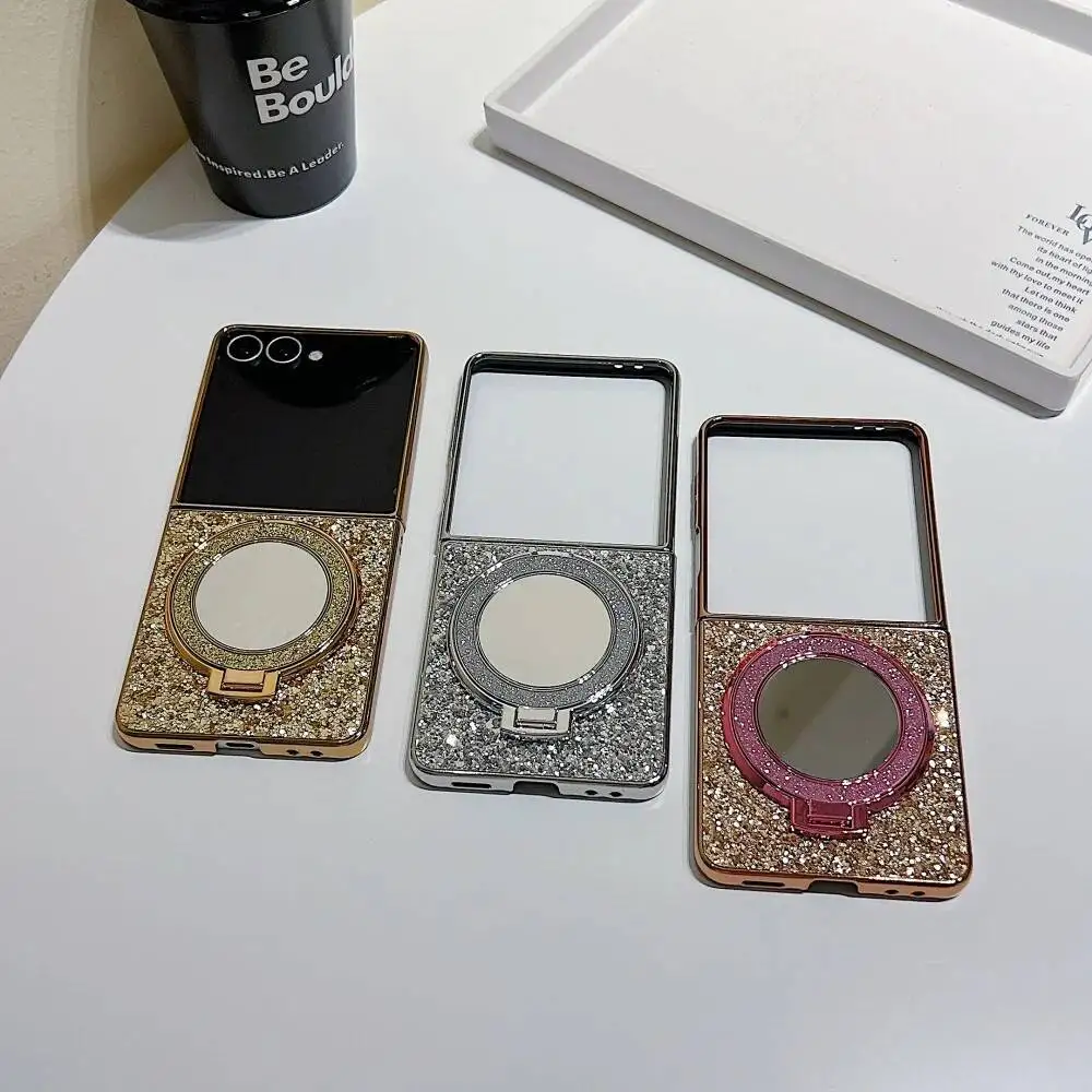 Luxury Glitter Magnetic Bracket Case with Mirror Holder and Shiny Diamonds Cover