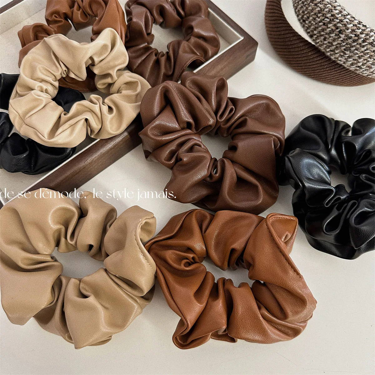 Women Senior Artificial Leather Scrunchies Elastic Hairband Girls Rubber Band Lady Hair Accessories Hair Ties Ponytail Holder romantic artificial rose wedding bouquet bridal flowers handle bouquet de fleur mariage party