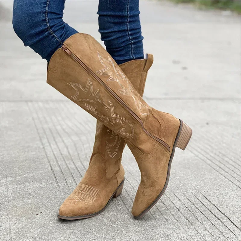 Embroidered Western Cowboy Boots for Women Autumn Pointed Toe Thick Heel High Knee Boots Woman Loose PU Leather Long Botas Mujer - 3