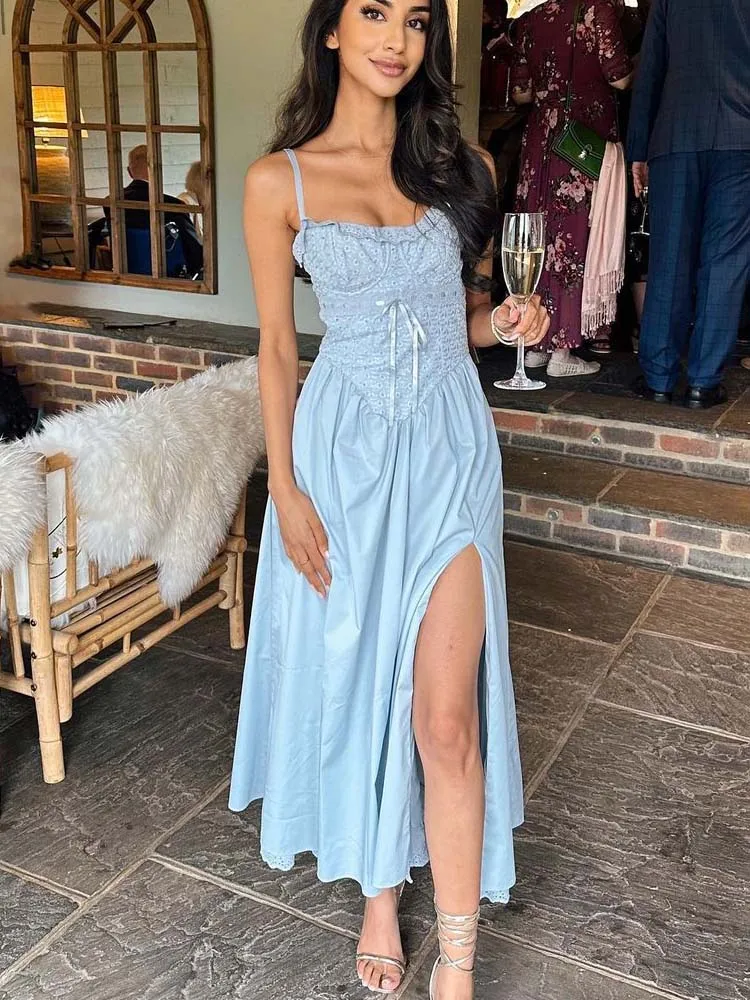 

YENKYE Summer Women Light Blue Sexy Hem Slit Sling Dress Lacing Up Bandage Back Female Midi Party Dress Robe