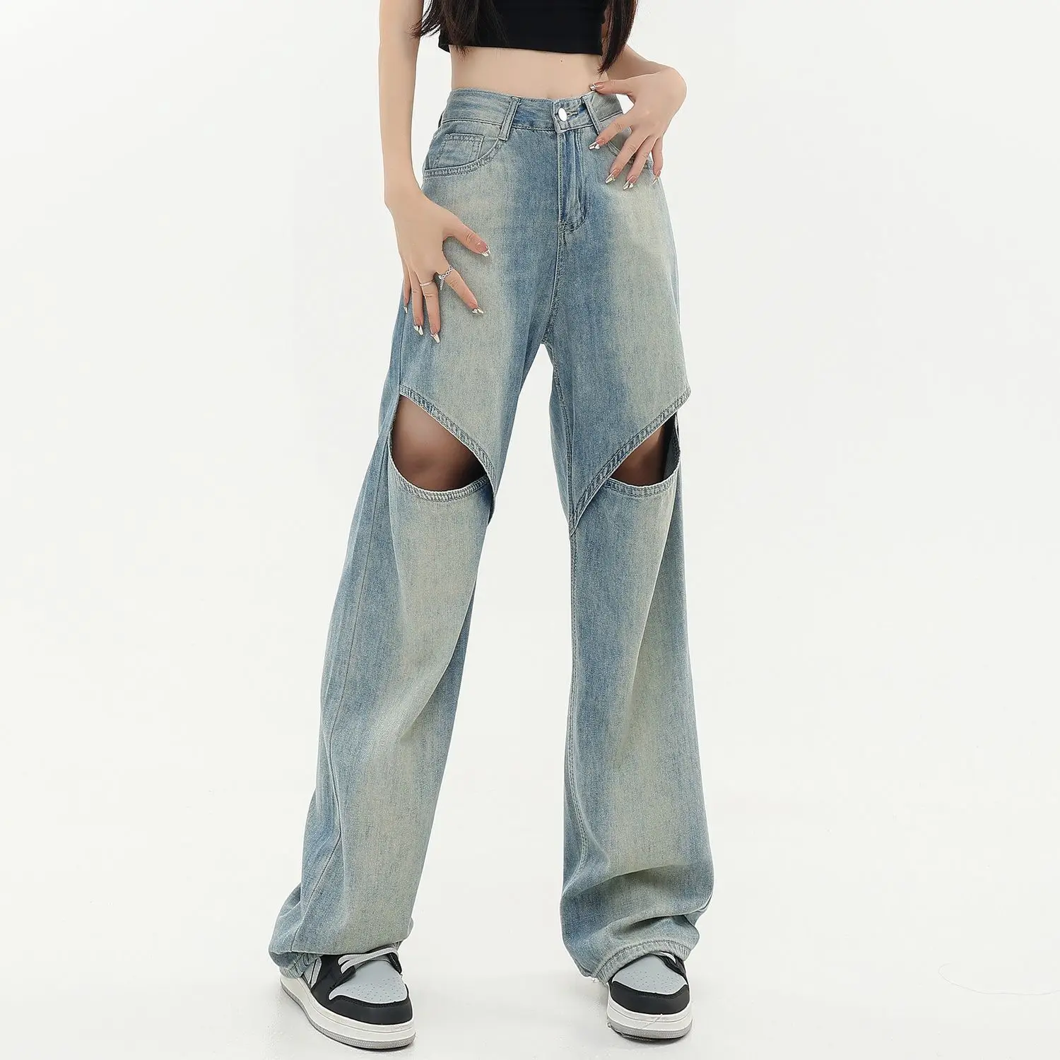 

2024 Baggy High Waist Ripped Straight Women's Jeans Women Denim Trousers Y2k Korean Clothing Fashion Streetwear Versatile Pants