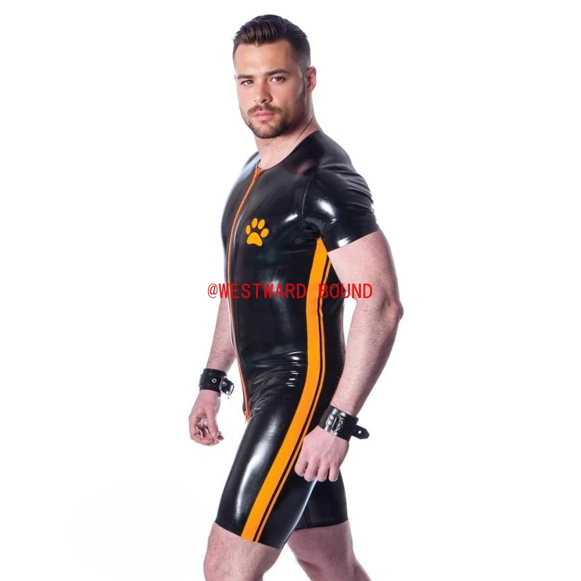 customized eurocat latex bodysuit men's black latex bodysuit orange accents short sleeves front zipper rubber costume clubwear