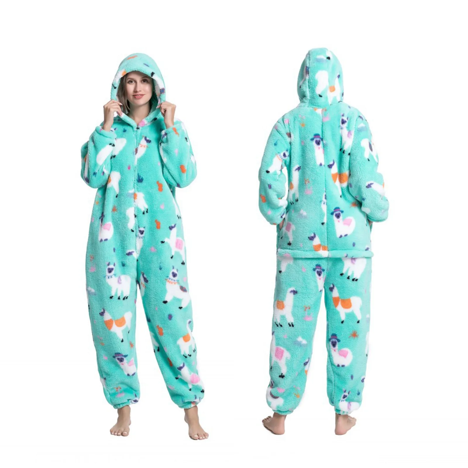 

Cute Onesies Women Winter Warm Plush Romper Christmas Pajamas Penguin Print Xmas Long-Sleeve Zipper Sleepwear Hooded Homewear