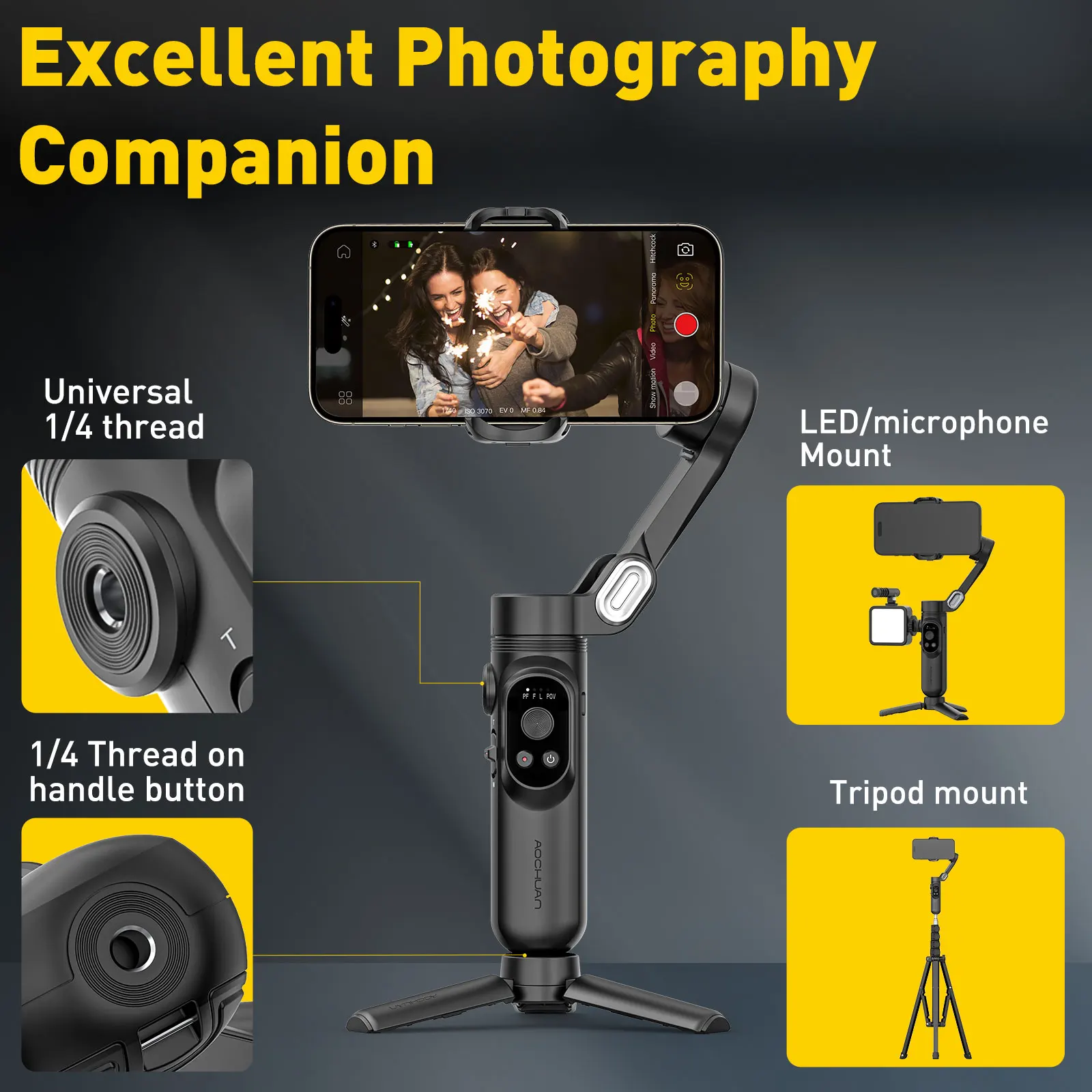 AOCHUAN XBlack Kit Smart Gimbal Stabilizer for Smartphone Light Face Tracking Inception Timelapse Foldable 3Axis Gimble forphone