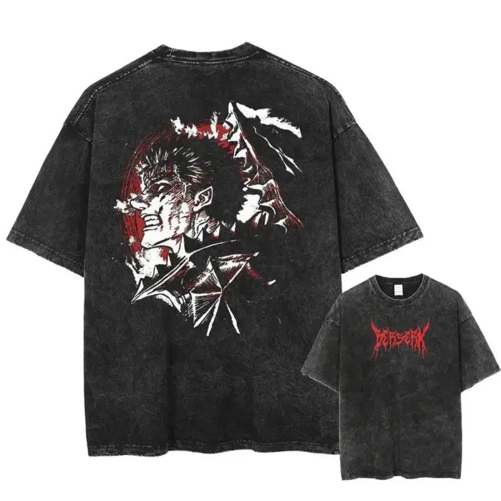 Anime Berserk Guts Acid Tshirt Retro Vintage Washed Graphic Tees Men Harajuku Cotton Casual Short Sleeve Tshirt Tops Unisex 3