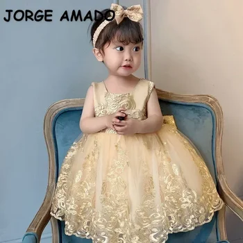 2024 Baby Girls Party Dress Sleeveless Champagne Embroidery Princess Dress with Headband Wedding Perform Birthday E8557 1
