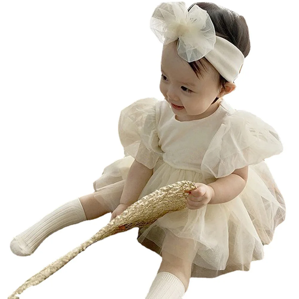 South Korea's same centenary princess short-sleeved climbing suit baby girl bubble sleeve puffy gauze skirt sister dress