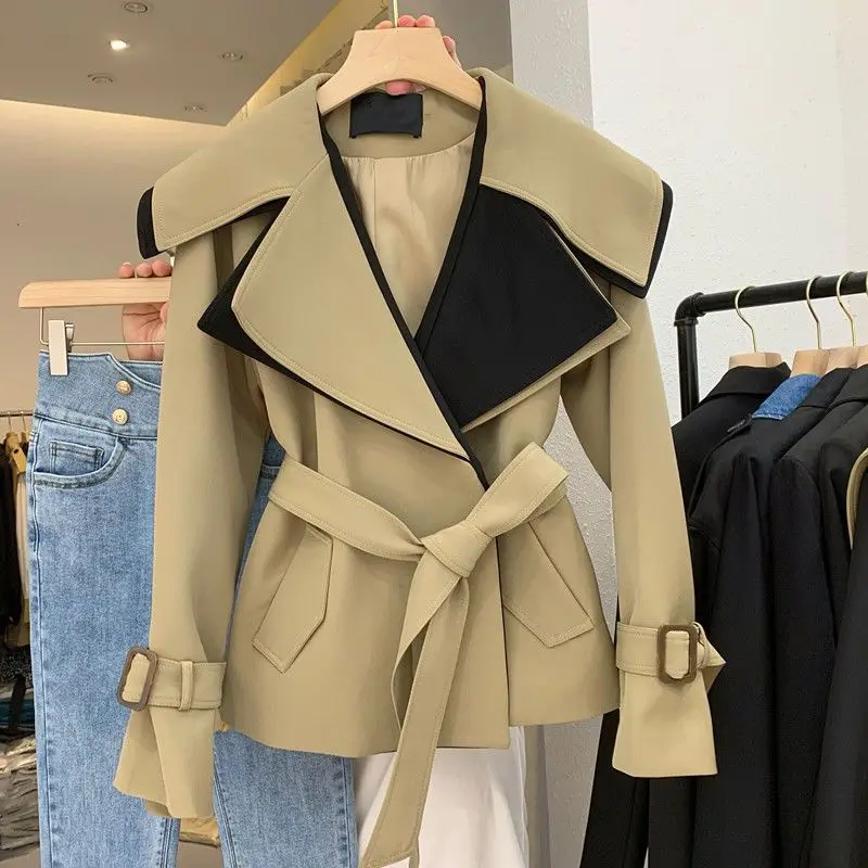 

Elegant Notched Collar Lady Patchwork Windbreaker Full Sleeve Buttons Belted Women Short Trench Coats 2023 New Autumn Winter 4XL