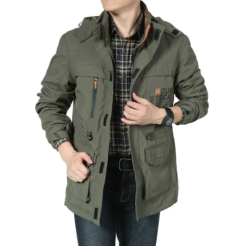 Plus Size Mid-length Hooded Windbreaker Men Tactical Military Jacket Outdoor Waterproof Mountaineering Army Field Coat Men