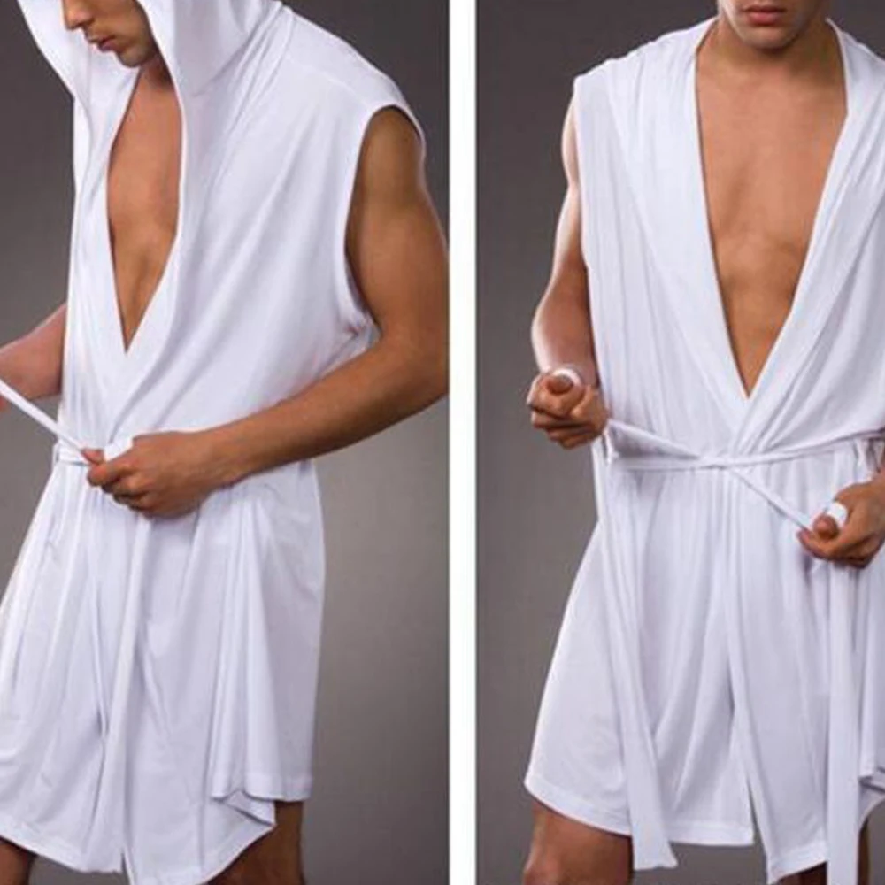 Men’s Sexy Short Bath Robes Ice Cold Silky Hooded Sleeveless Pajamas Loose Breathable Casual Homewear Hot Fashion Loungewear