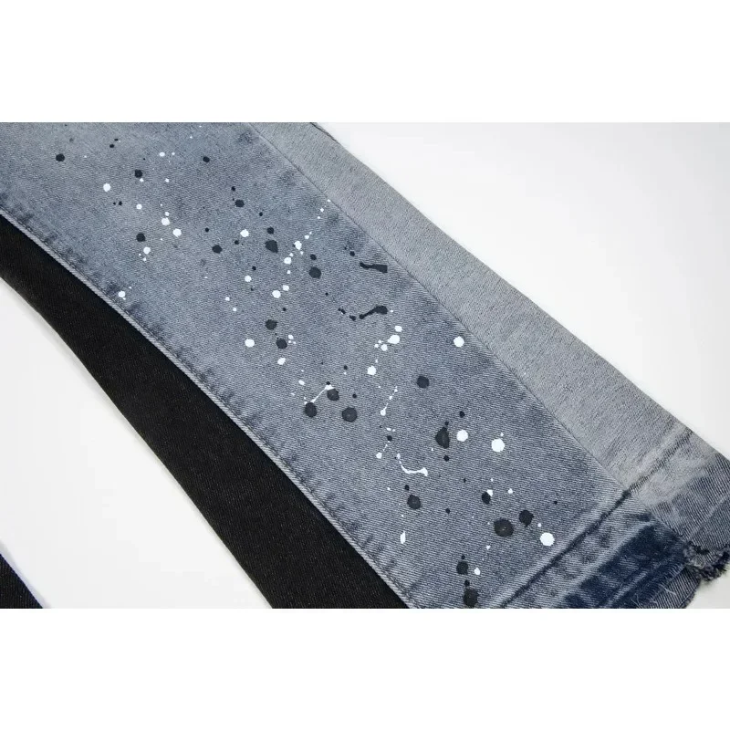 High Street Splashed Ink Ripped Patchwork Jeans for Men and Women Trendy American Straight Slim Micro-flared Trousers ripped jeans ripped patchwork jeans women denim pants