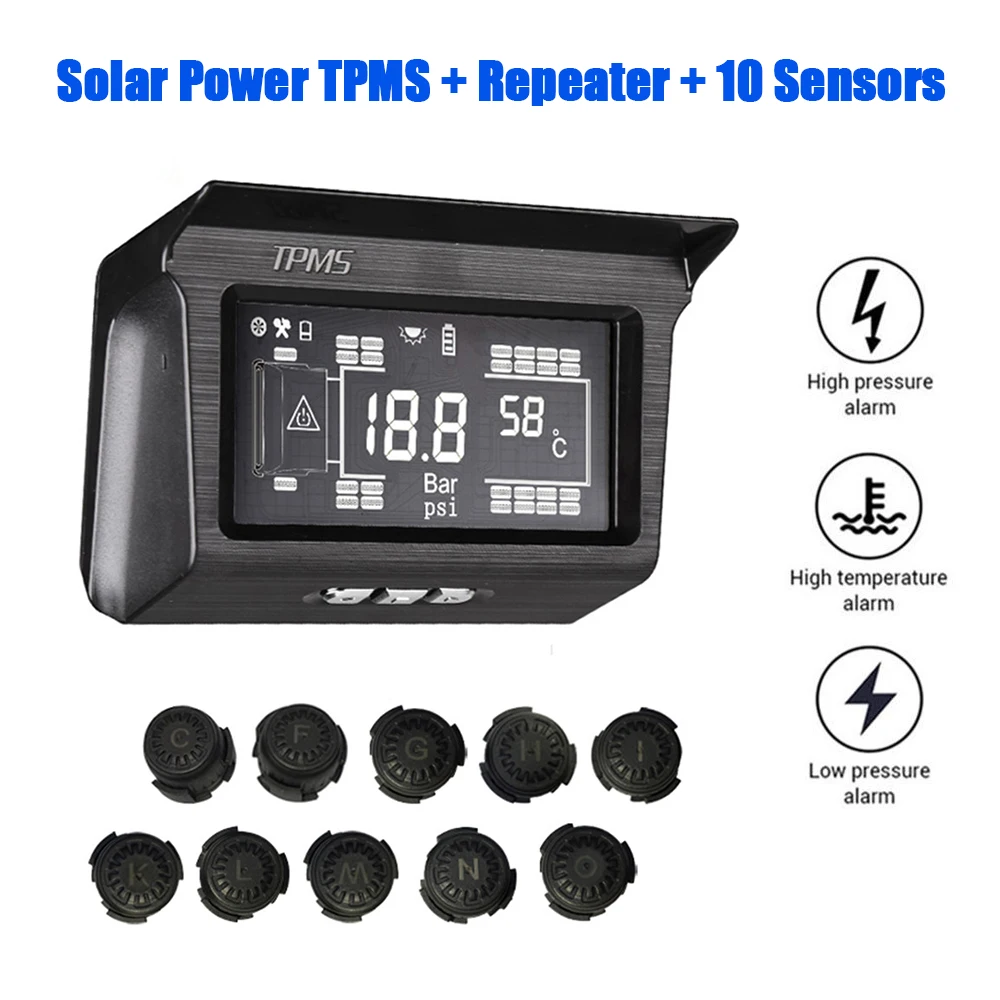 with HD LCD Screen Real-time Displays, 0-8.0 BAR WonVon TPMS Tyre Pressure Monitoring System,Tire Pressure Checker,Wireless TPMS Solar Power Tire Pressure 4pcs External Sensors 