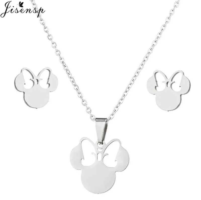 Jewelry Sets Cartoon Bowknot Mouse Stainless Steel for Women Fashion Anime Animal Necklace Earrings Party Accessories