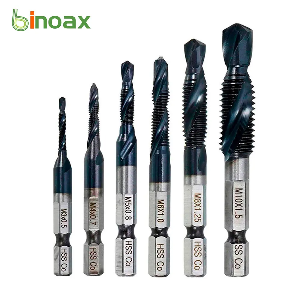 Binoax 6Pcs M35 TiAlN Coated Combination Drill Tap Bit Countersink HSS-Co Cobalt Taps Metric Combination Bit Hex Shank M3-M10