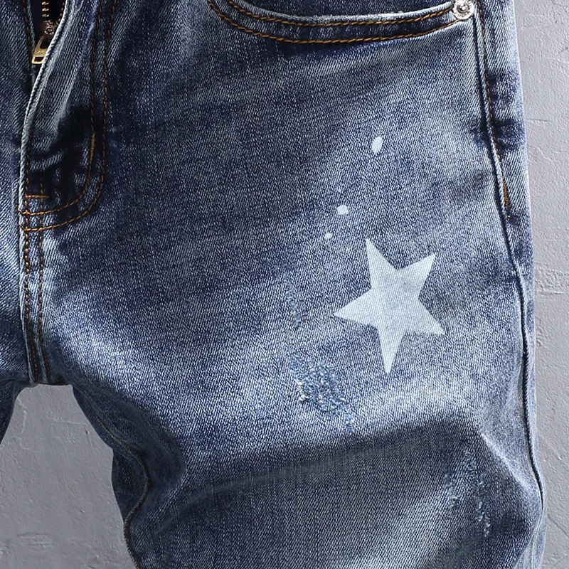 Street Fashion Men Jeans Retro Blue Elastic Stretch Slim Fit Ripped Jeans Men Stars Printed Designer Vintage Denim Pants Hombre