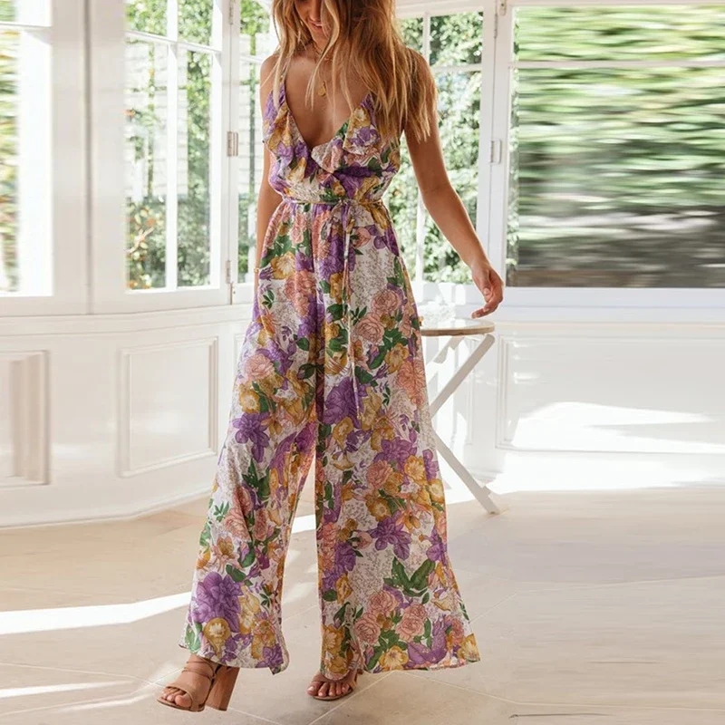 Women High Waist V-Neck Sashes Casual Jumpsuits 2023 Sling Summer Sleeveless Flower Print Jumpsuit Long Wide Leg Female Rompers