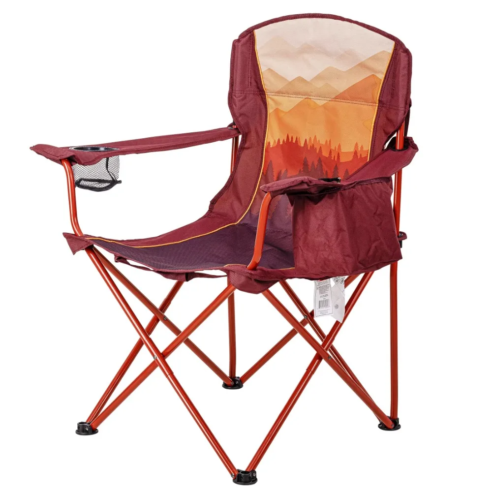 

Oversized Camp Chair with Cooler, Ombre Mountains Design, Red and Orange
