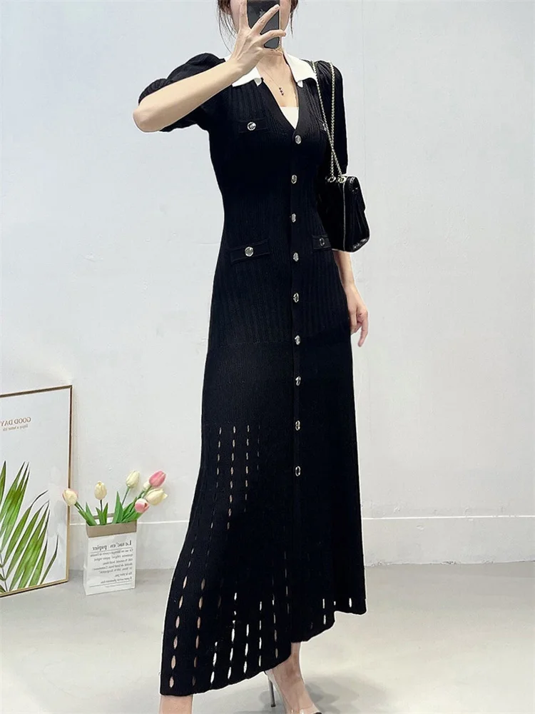 V-Neck Knit Contrast Long Dress Women Hollow Out Lapel Fashion High Waist Elegant Party Dress Knitwear Ladies Maxi Dress