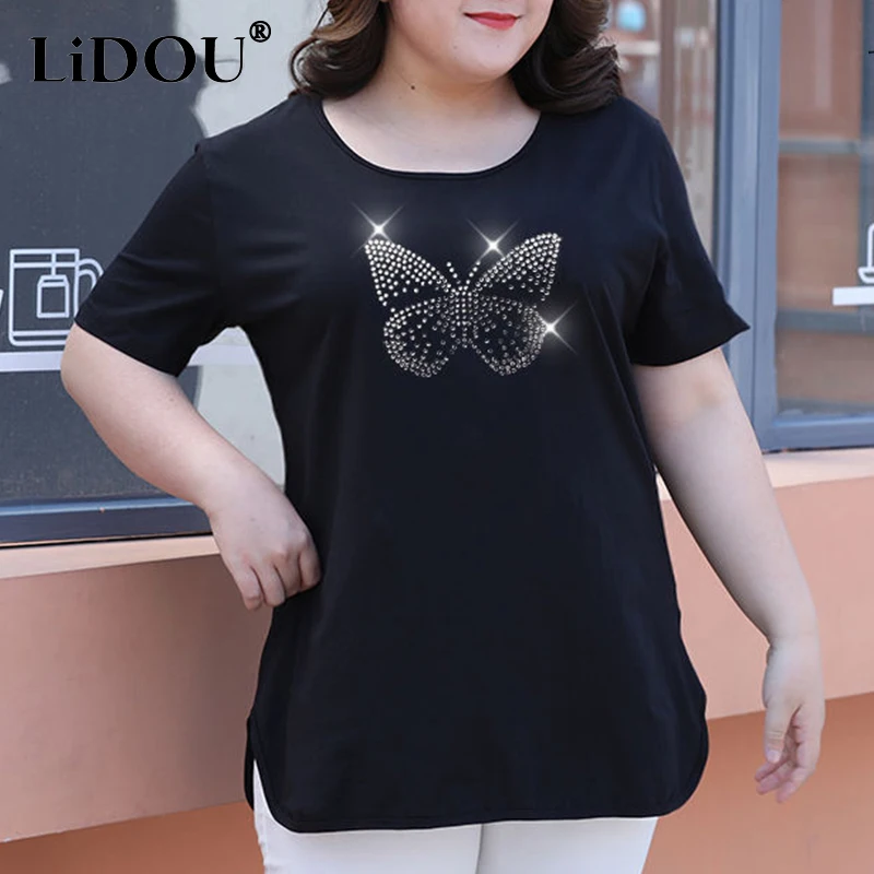 Summer Autumn Fashion Diamon Trend Korean T-Shirt Female Simple Plus Size Solid Oversized Top Women Loose Casual Lady Pullover