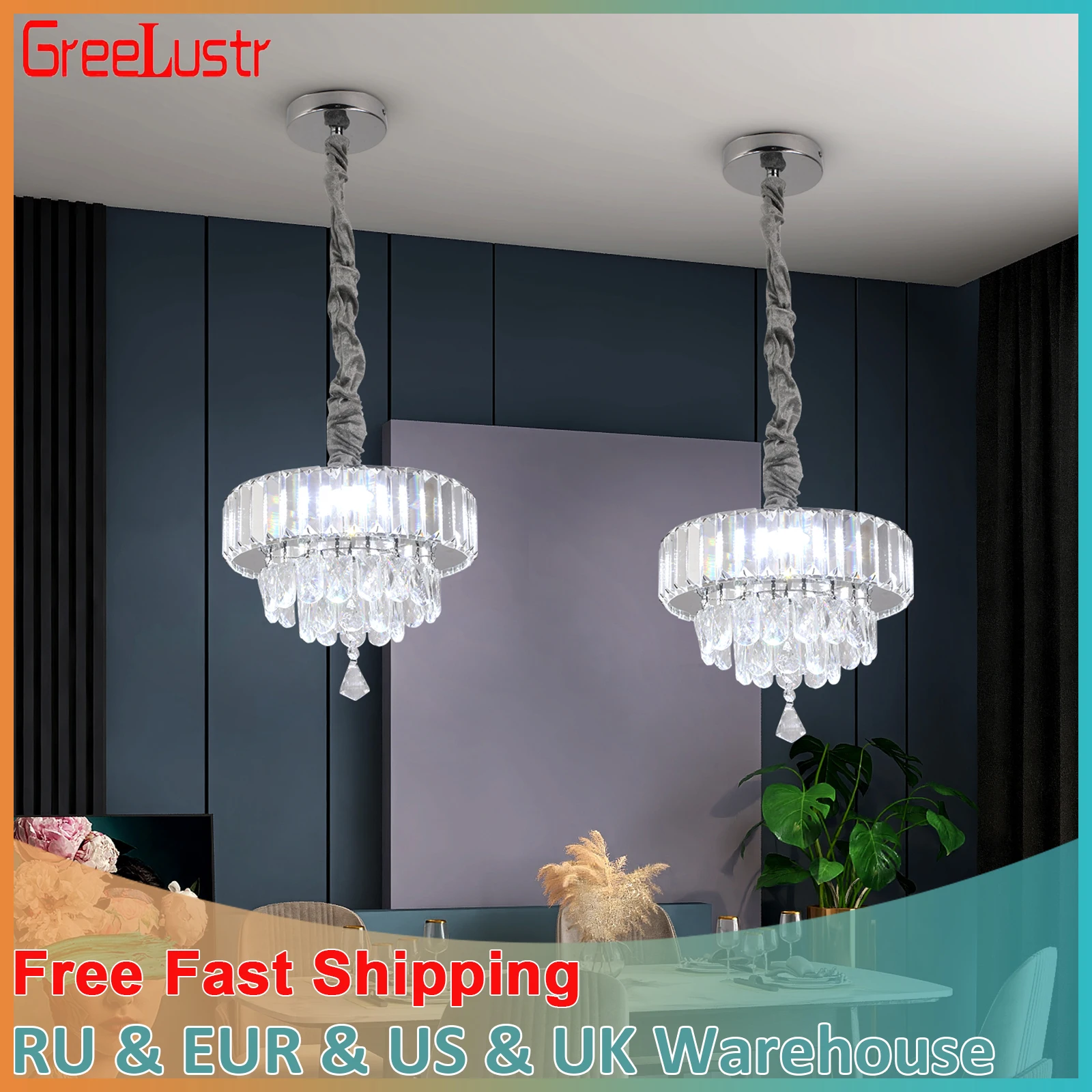 Modern Pendant Light Luxury Crystal Led Chandelier Kitchen Island Hanging Ceiling Lamp Living Dining Room Bedroom Home Decorate
