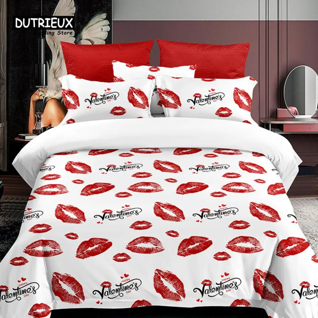 

Red Lips Comforter Cover Queen Size For Girls Women Valentine's Day Theme Duvet Cover Microfiber Love Heart Floral Bedding Set