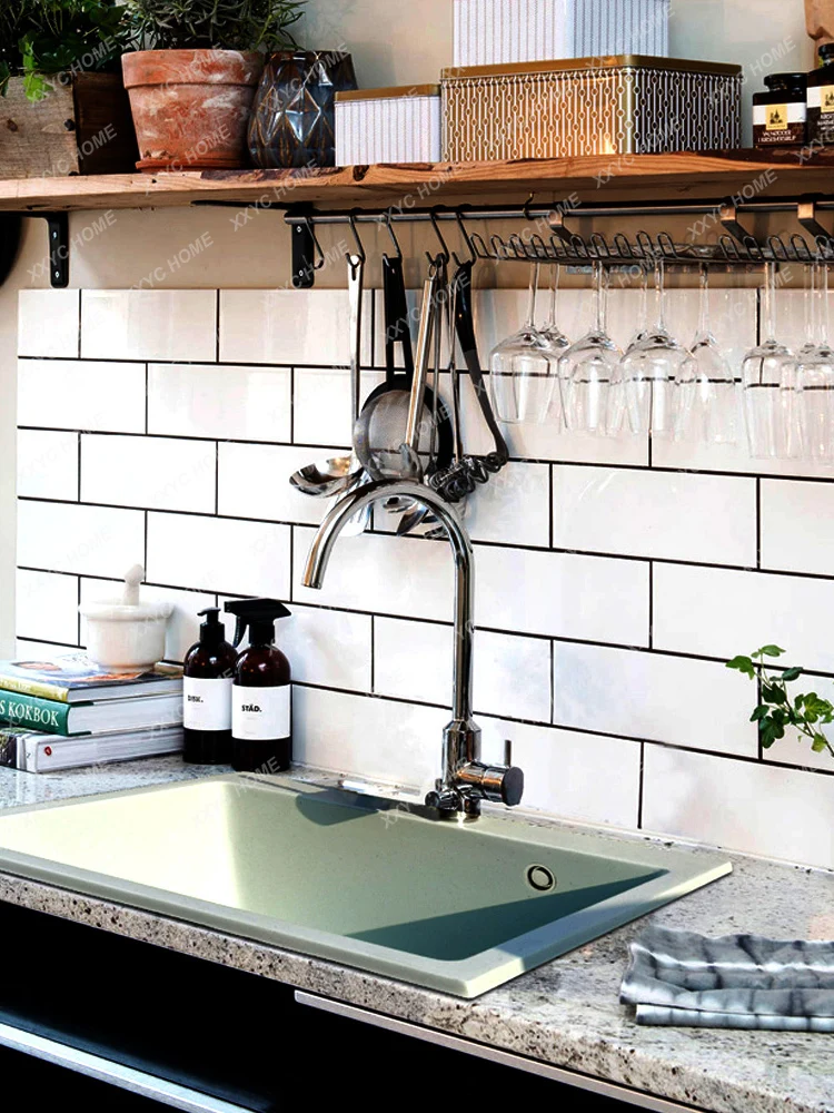 

Fresh Mint Green Quartz Stone Large Single Sink Kitchen Vegetable Basin Sink Granite