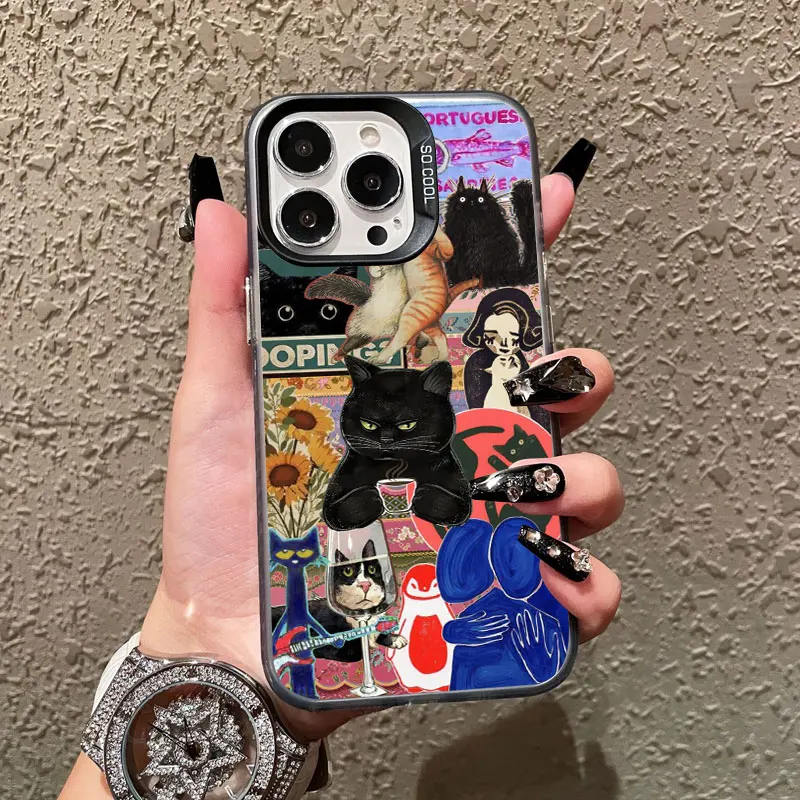 Neue süße schwarze Katze Grafik Montage Laser Handyhülle für iPhone 17 15 16 Pro Max Plus 14 13 12 Mini 11 Pro Max stoßfeste Abdeckung