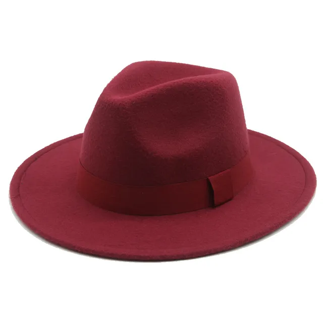 Fedora Hat Women Winter Hats for Women Ribbon Band Men's Hat Wide Brim Classic Beige Wedding Church Bowler New Cap chapeau femme Wine red