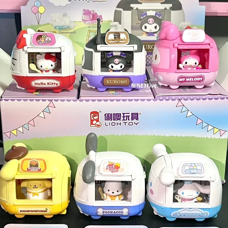 Sanrio Gourmet Food Truck Blind Box Cute Figure Car Toy Ornament Kulomi Pacha Dog Big Eared Dog Hello Kitty Mystery Box Gift Toy