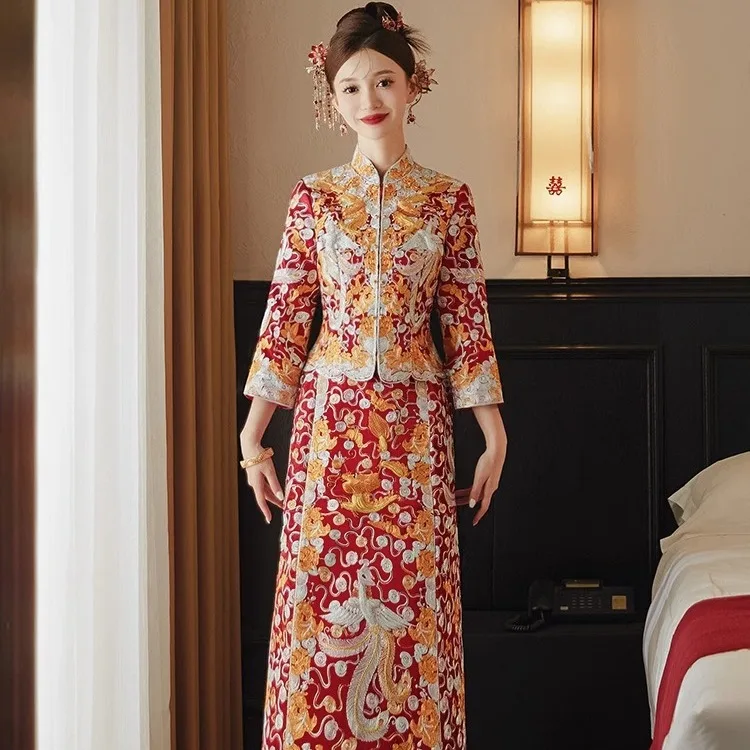 

Chinese Style Wedding Dress Cheongsam High Quality Dragon Phoenix Embroidery Marriage Suit Oriental Bride Clothing Vintage Qipao