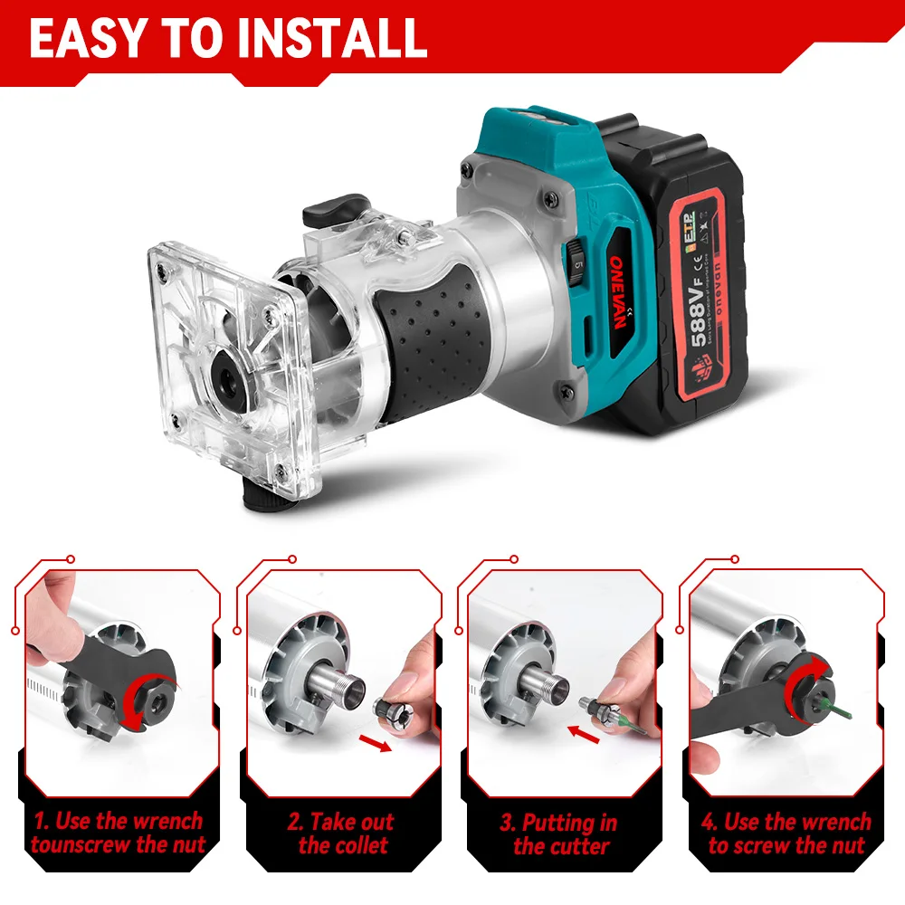 ONEVAN 1600W Brushless Electric Trimmer 5 Gears 6MM 6.35MM 8MM Cordless Engraving Slotting Milling Router For 21V 18V Battery