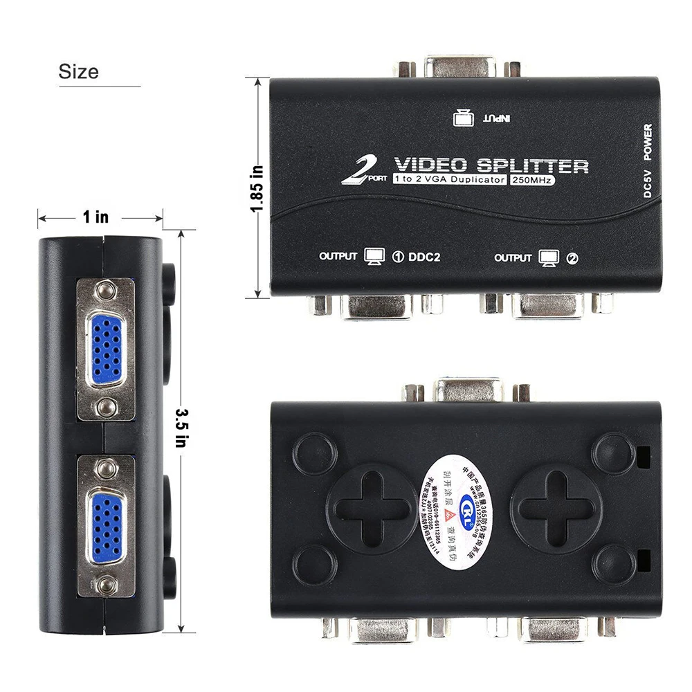 Portable 1 PC to 2 Monitor Video Splitter Adapter VGA Splitter Duplicator USB cable