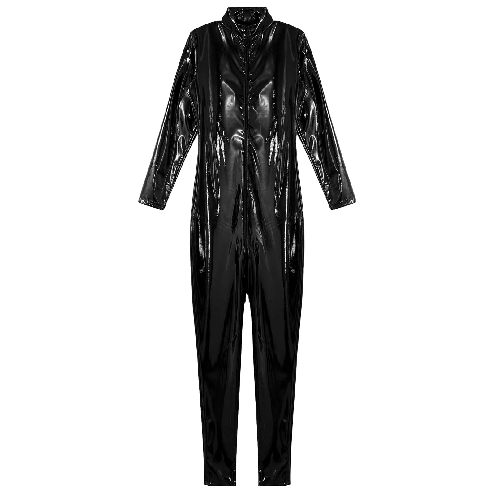 Mens Patent Leather Bodysuit Full-body Zipper Crotch Jumpsuit Stand Neck Long Sleeve Catsuit Party Clubwear Wet Look Punk Show 4