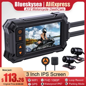 Blueskysea 오토바이 카메라, 와이파이 GPS, 오토바이 DVR, 듀얼 1080P 방수, IP67, 대시 캠 레코더, 블랙 GPS 박스, A12, 3 인치