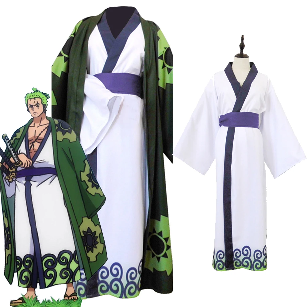

Anime One Cos Piece Roronoa Zoro Cosplay Men Costume Kimono Robe Cloak Green Cape Full Suit Halloween Party Clothes Role Play