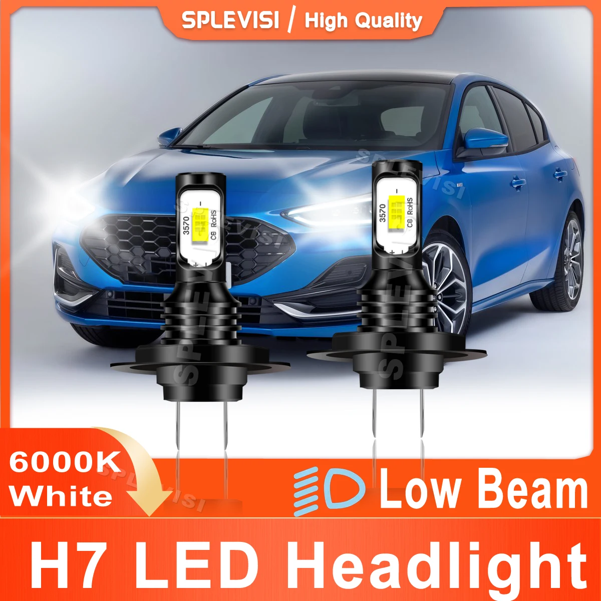 

2x H7 SPLEVISI LED Headlight Low Beam 70W 8000LM For Ford Focus MK4 2018 2019 2020 2021 2022 2023 Car Led Light 6000K XID White