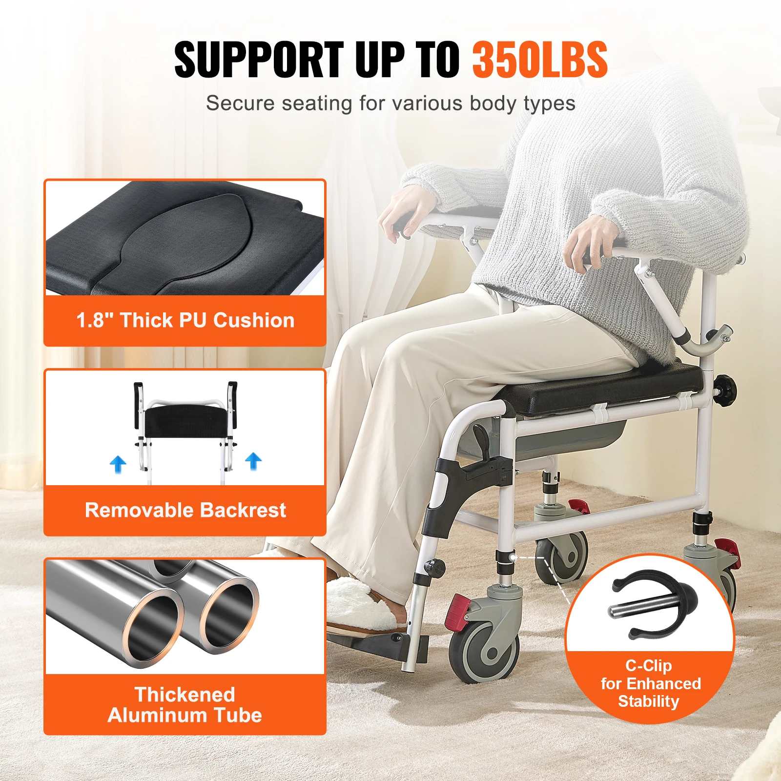 VEVOR Shower Commode Wheelchair with 4 Lockable Wheels Footrests Flip-up Arms 3-Level Adjustable Height 5L Removable Bucket 3