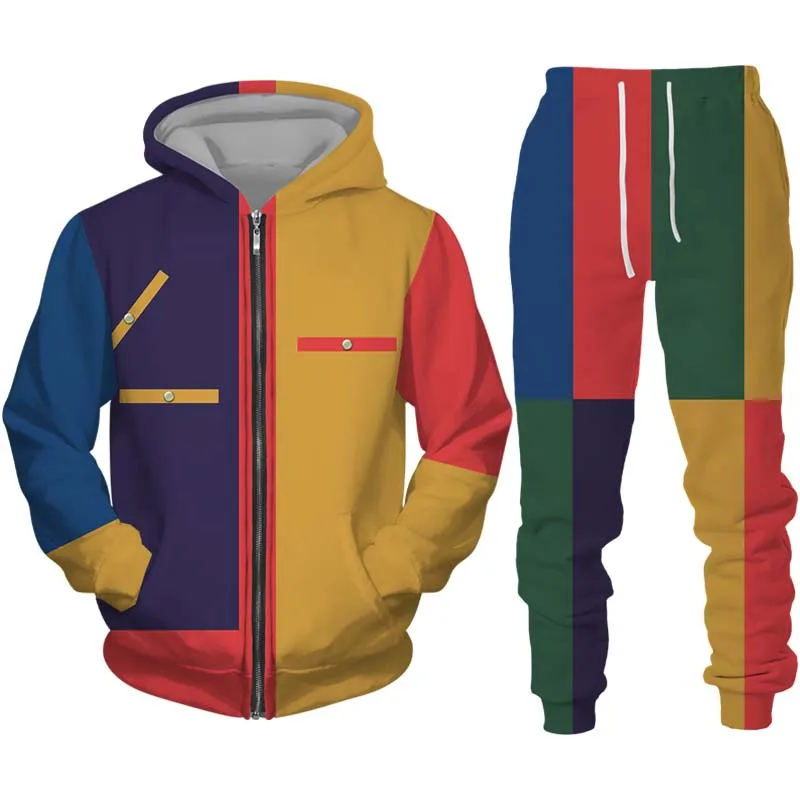 Camo Color Block Patchwork Print Men's Zipper Tracksuit Sets Casual Hoodie Pants 2pcs Trend Sweatshirt Fashion Men Clothing