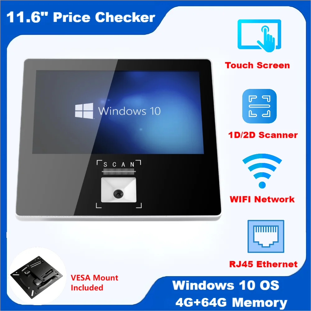 Controllo Del Prezzo Di Windows Da 11.6 Pollici Con Scanner 2D Qr Wall Hanging Win10 Pos Lettore Di Codici Qr Integrato Per Il Controllo Delle Informa
