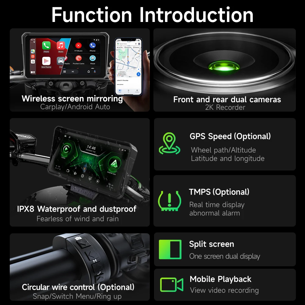 JIUYIN NEW 6'' Motorcycle DVR GPS navigator 2K Dash Cam Wireless Carplay Android Auto IPX8 Waterproof Moto Front Rear Camera