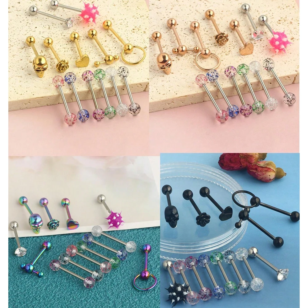 13pcs Stainless Steel Heart Shaped Tongue Ring Barbell Tongue Piercing Cute Bar Ear Tragus Studs Labret Piercing Body Jewelry