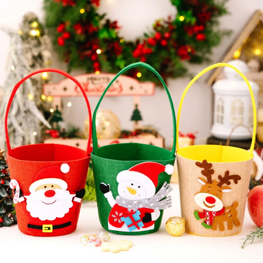 Christmas Cartoon Gift Bucket Children's Portable Candy Bag Santa Claus Snowman Elk Cloth Handbag for Kids Xmas Party Supplies